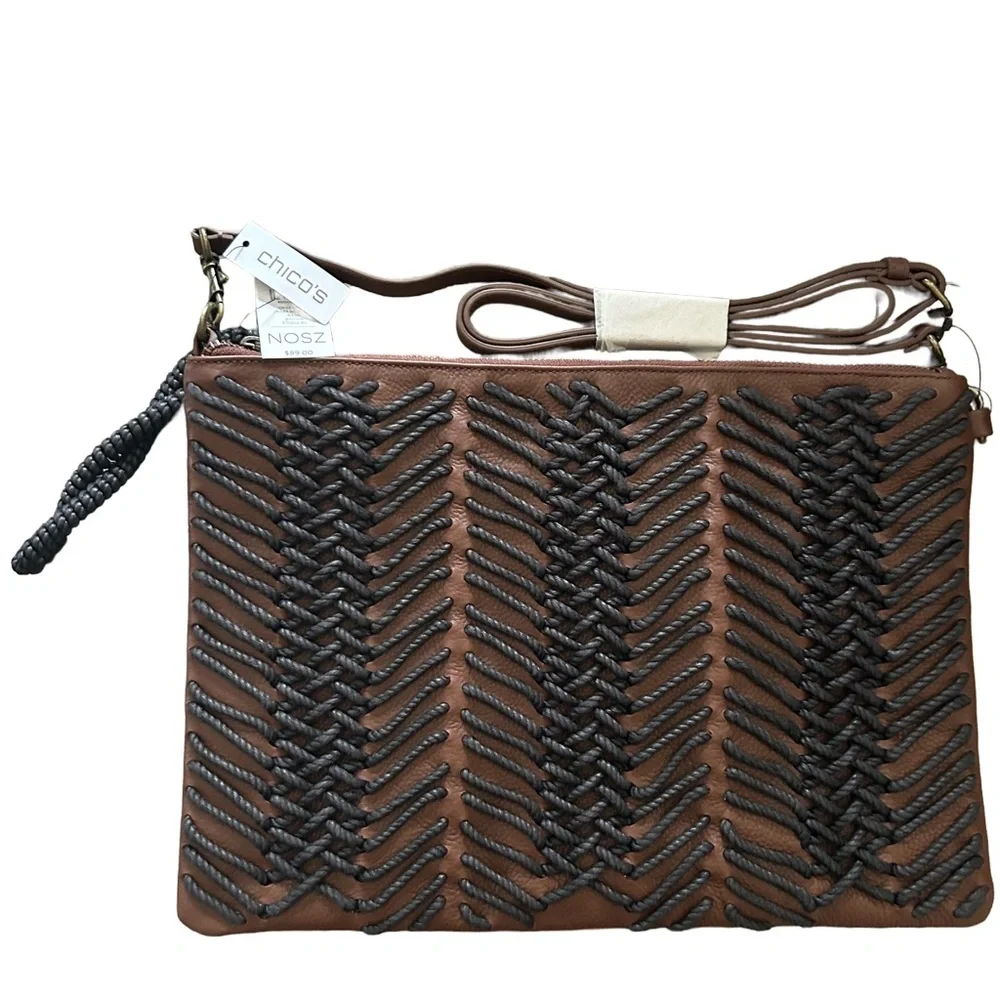Chico's Brown and Black Woven Cross Body Bag/Clutch with Removable Straps